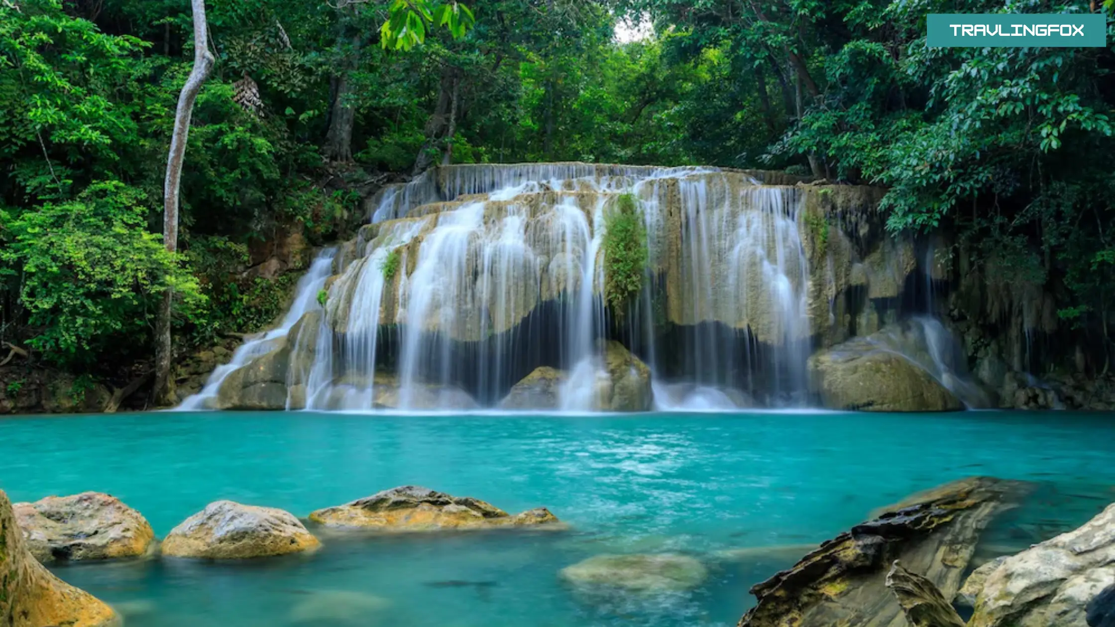 A stunning waterfall cascading down rocky cliffs surrounded by lush greenery in Meghalaya.
